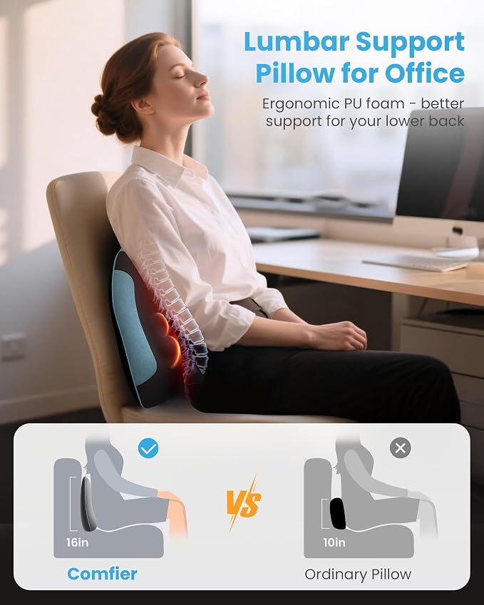 COMFIER Cordless Lumber Support Pillow for Office Chair, Lower Back Massager with Heat, Shiatsu Back Support Cushion, Rechargeable & Portable for Office, Home Use, Gift for Women