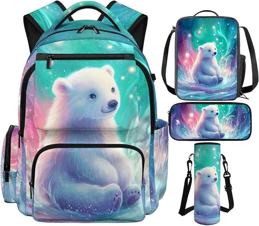 Cute Bear Backpack with Lunch Box Set for Girls Boys Novelty School Backpacks Kawaii Bookbag with Flap Zipper Pocket Complete 4 Pcs Set for Back to School Supplies