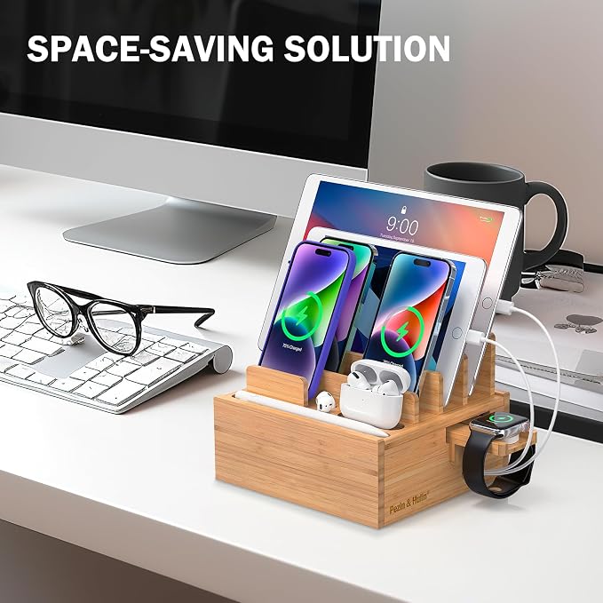 Pezin & Hulin Bamboo Charging Station for Multiple Devices with 5-Port HUB | Desktop Organizer, Wooden Docking Stations, All-in-1 Bamboo Dock Rack for Phones, Tablets, Watch–with 5 Cables