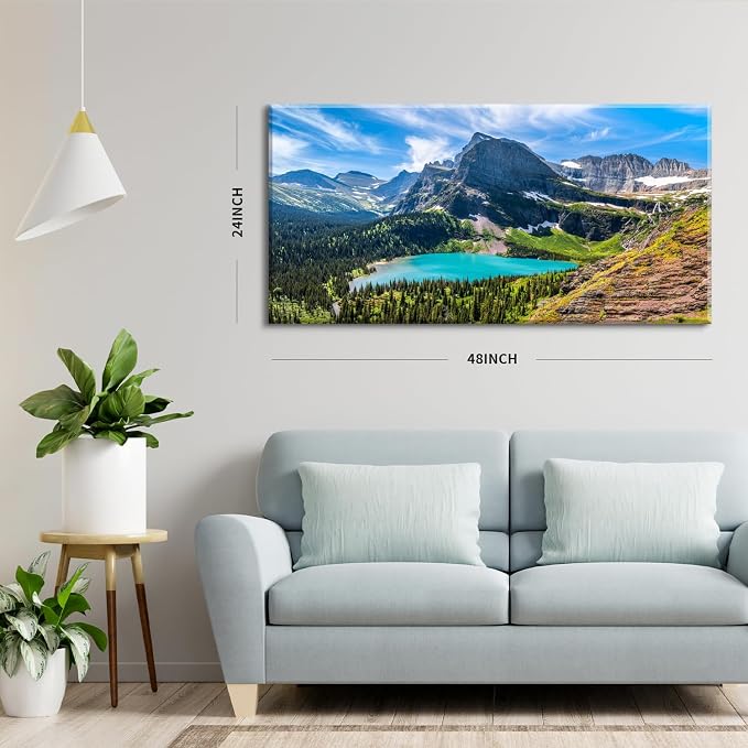 Mountain Canvas Wall Art Teal Saint Mary Lake Landscape Wall Decor Glacier National Park Canvas Poster Modern Nature Scenic Painting Artwork for Living Room Bedroom Office Home Decorations 24x48"