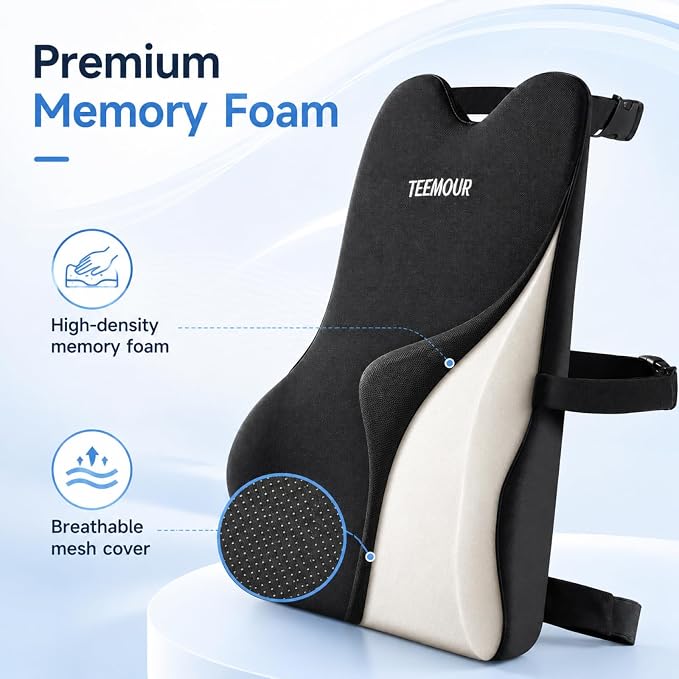 Teemour Lumbar Support Pillow for Car Seat, Memory Foam Back Support Pillow with Adjustable Straps, Medium Soft Car Back Cushion for Driving, Truck, SUV, Office Chair, Black