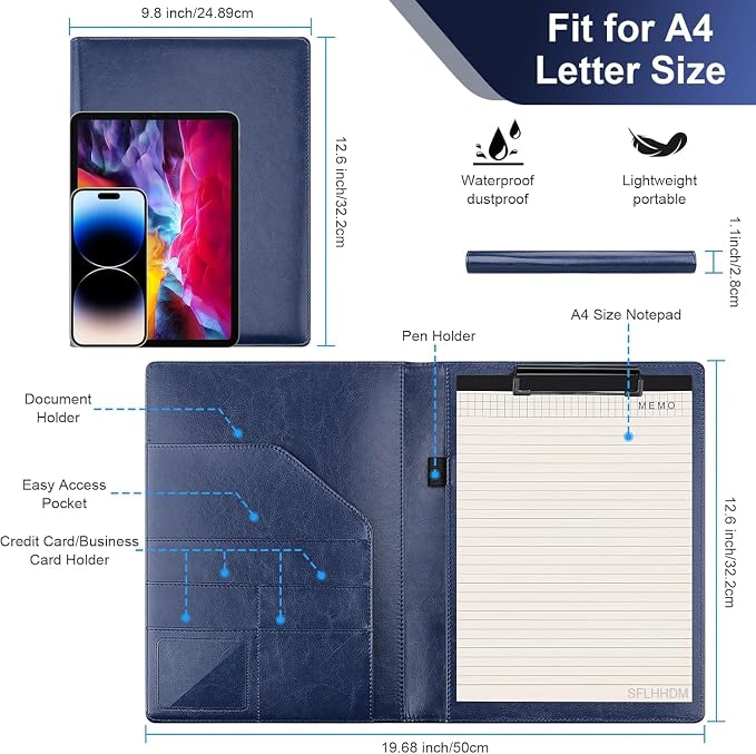 Portfolio Binder, Portfolio Folder Padfolio with A4 Clipboard, PU Leather Portfolio Clipboard Business Binder Writing Clip Board Organizer for Legal Documents Business Card Men Women