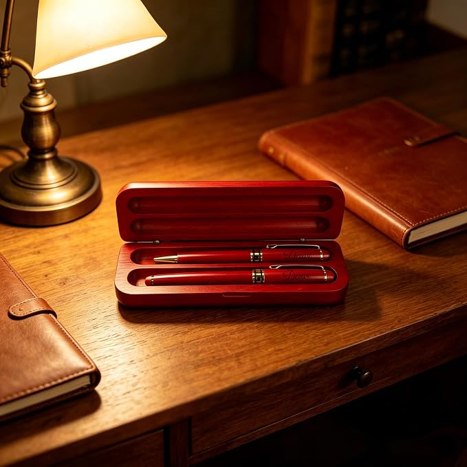 Personalized Engraved Ballpoint Pen & Wooden Gift Case Set - Business Wood Pens Gifts for Boss, Doctors, Teachers, Students, Ideal for Graduation, Promotion, Birthday (Redwood)