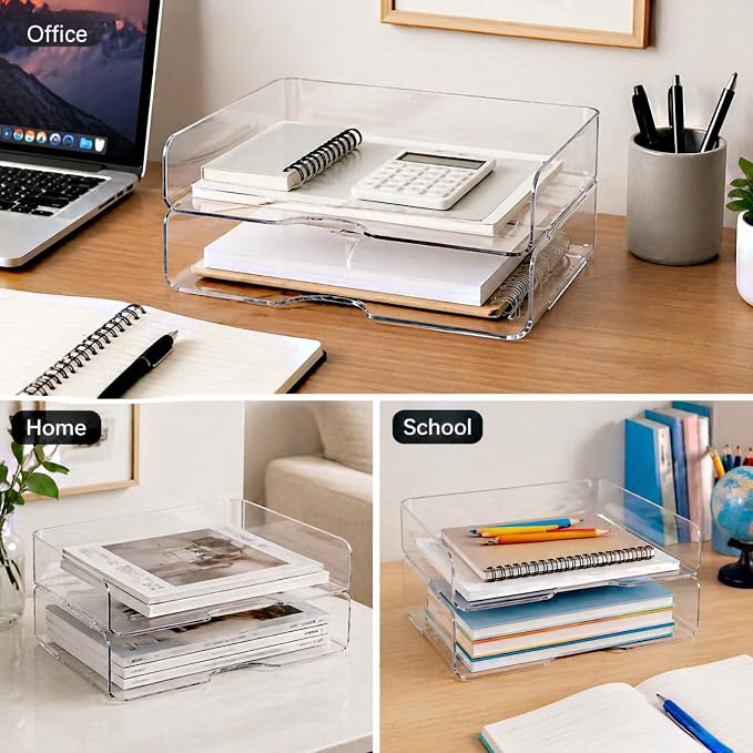 DCA 2 Tier Desk Organizer, Clear Paper Tray File Organizer | Stackable Letter Tray | Office, Home & School | Large Capacity