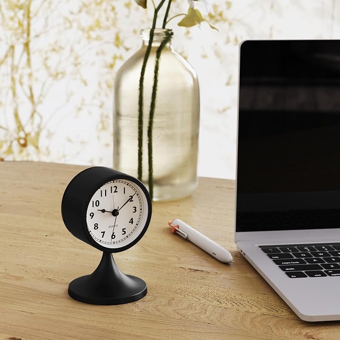 AYRELY® 3" Analog Alarm Clock, Retro Small Clock, Desk Clock for Bathroom | Cute Battery Operated Table Clock with Silent Movement and Light for Bedroom, Bedside, Living Room Decor and Shelf (Black)