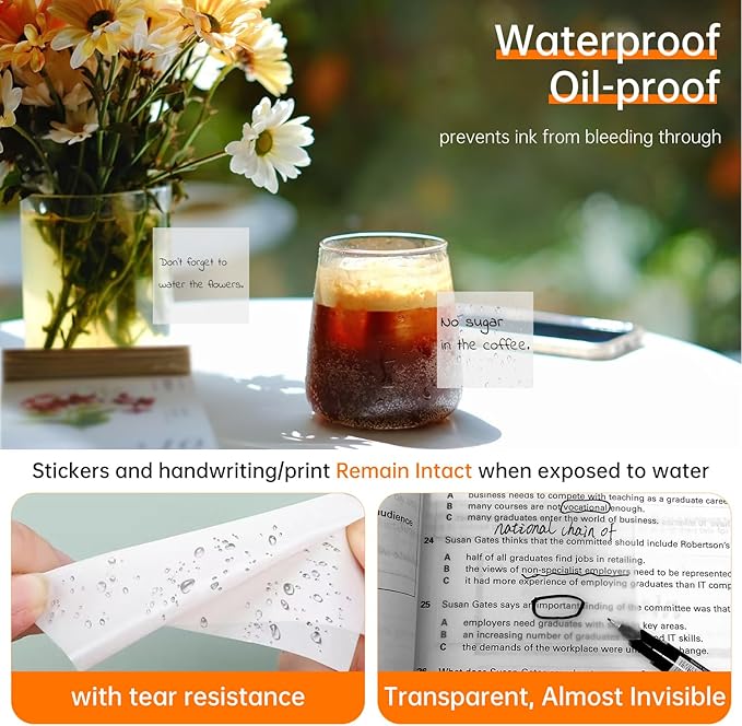 Transparent Sticky Notes with Index Tabs + Marker Pen, MEIGAONE Waterproof PET Clear Sticky Note Sets, Strong Adhesion, 8 Pack Translucent Sticky Note for Study, Book,Office,School Supplies