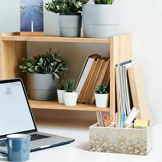 Dark white Floral Pen Pencil Holder for Desk, Academia Cottagecore Botanical Flower Wooden Box Sign Organizer for Home Room Office Bedroom Desk Accessories Tabletop Decorations