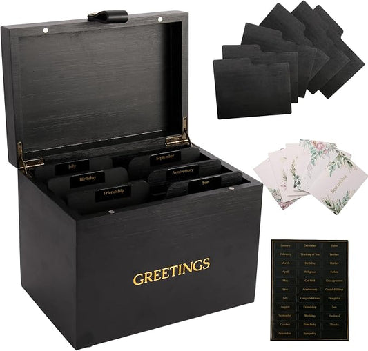 Large Bamboo Greeting Card Organizer Box with 6 Removable Dividers, Real Leather Handle, 100% Handmade Solid Bamboo, Storage Box for Christmas, Valentine, & Birthday Cards, Postcards, Stationery& More
