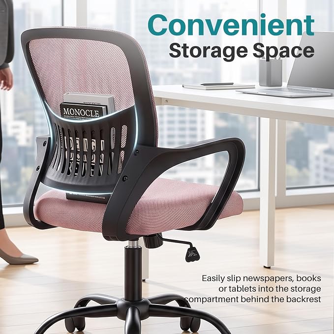 OLIXIS Ergonomic Office Desk Chair, Executive Mid-Back Computer Chair with Comfortable Lumbar Support & Rocking Mode, Height Adjustable with Fixed Armrest, 360° Swivel, for Adults, Pink