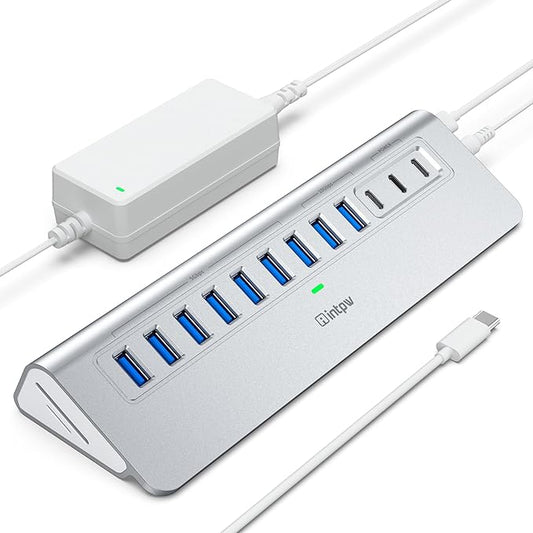 YH9AC Plus Powered USB Hub 10Gbps, 14 Port USB 3.2 Hub(USB A/USB C 3.2+7 USB-A 3.0+2 PD 45W Fast Charging Ports+SD/TF Card Reader), 65W Power Adapter,Aluminum USB HUB for PC,Laptop,iPhone 17/16