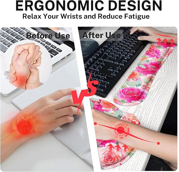 Flower Floral Pink Peony Spring Ergonomic Mouse Pad Set with Wrist Rest Non-Slip Rubber Base Wrist Cushion Support and Coasters Mousepad with Wrist Support for Computer Keyboard and Desk