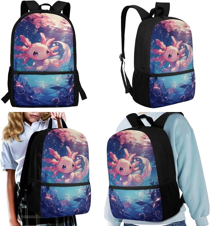 WELLFLYHOM Personalized Axolotl Jellyfish Kids School Backpack Girls 6-8 Years Old Custom 4 Pcs Book Bag with Lunch Box Pencil Case Water Bottle Sleeve for Elementary Primary School Blue