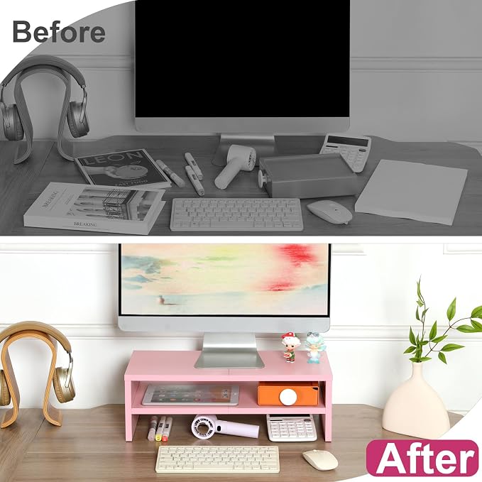 TEAMIX 2 Tiers Pink Monitor Stand Riser, Desktop Stand with Keyboard Storage Small TV Stand Laptop Wooden Desk Organizer Cute Shelf