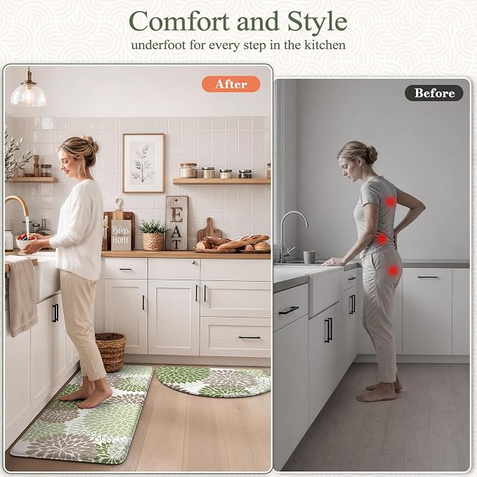 KIMODE Half Circle Anti Fatigue Mats for Kitchen Floor Rug Sets of 2 | 18"x28+18"x47",Sage Green,Dahlia Floral Boho,Kitchen Rug 2pcs,Non Slip,Waterproof,for Sink Office Laundry Bathroom Decor