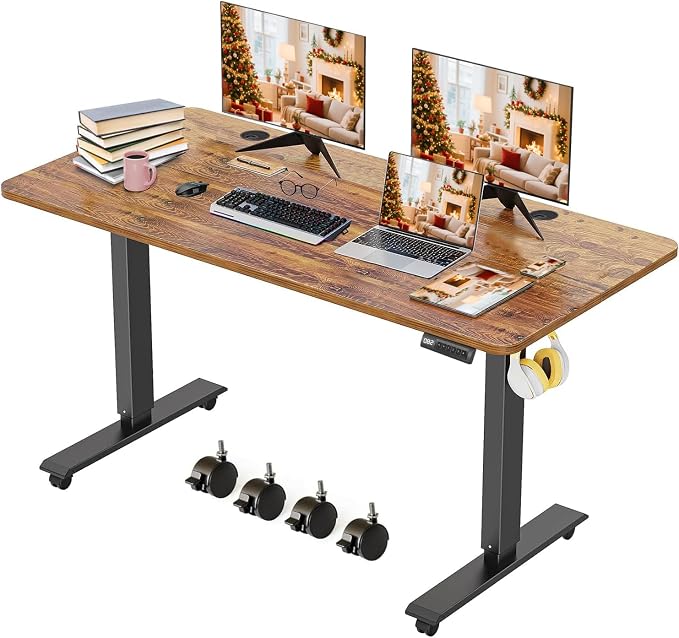 Electric Standing Desk 48 x 24 Inches Adjustable Height Sit Stand Up Desk for Home Office Computer Workstation Memory Preset with Wheels, Brown