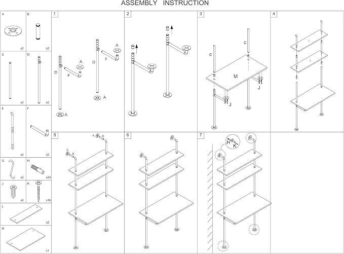 ZIOTHUM Wall Mounted Desk with Shelves, Industrial Ladder Style Floating Desk for Small Spaces, Computer Table with Storage Shelves, Rustic Pipe Bookcase for Bedroom(36x20x81in)