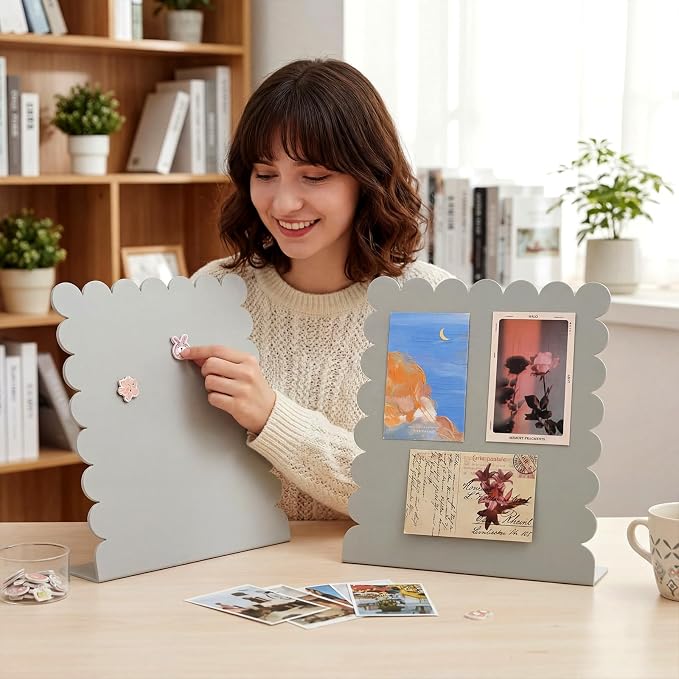 Gueevin 2 Pcs Magnet Board Standing Magnetic Metal Board for Desk and Wall Scalloped Magnetic Display Stand for Memos Photos and Documents Home Office School Desk Storage Decoration(Silver,Medium)
