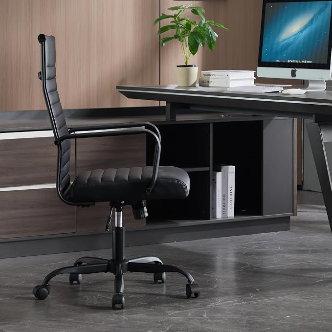 Office Chair, Ergonomic Executive Conference Room Chairs, Ribbed Leather Desk Chair with Lumbar Support, Adjustable Height Mid-Back Swivel Chair with Padded Seat