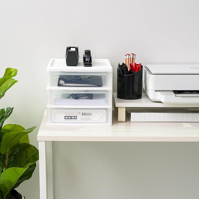 IRIS USA 2-Pack, 3-Drawer Medium Plastic Stacking Desktop Organizer, White | Organize office supplies, stationery, makeup, craft materials and everyday essentials for neat desktop storage