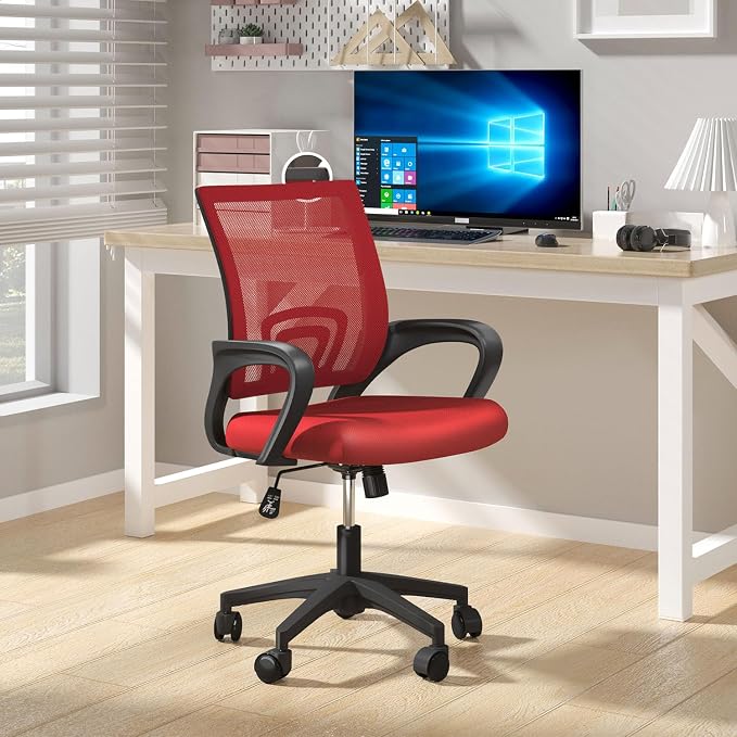 OS MOTOR Ergonomic Mid-Back Mesh Office Chair (Red) | Lumbar Support, Adjustable Height, Swivel Rolling Design, Comfy Armrest, Home, Office, Work, Study, Gaming, Vanity