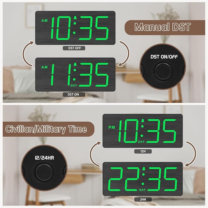 DreamSky Wooden Digital Alarm Clock for Bedroom with Large Numbers | Desk Clocks for Living Room Office, Loud Alarm for Heavy Sleepers Adults, Volume Control, Dimmer, DST, Wood Decor (Plug-in)