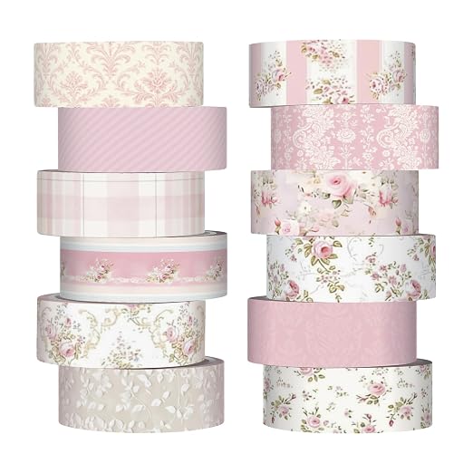 12 Rolls Watercolor Floral Washi Tape Set 15 mm Vintage Flower Decorative Masking Tape for Summer School Arts DIY Craft Scrapbook Journal Supplies Gifts(Pastel Pink,Tea Party)