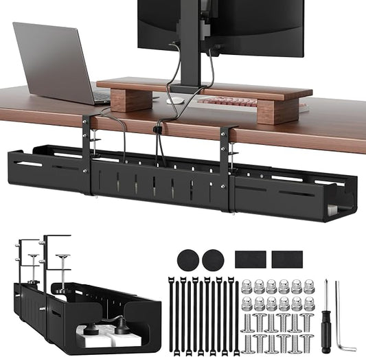 Under Desk Cable Management Tray, Expandable 25.2"–38.6" Heavy Duty Carbon Steel with Clamp, Hidden Cord Organizer for Desk, Home Office & Standing Desk, No Drill Installation, Black