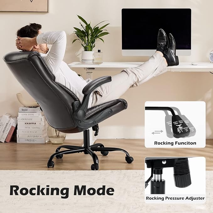 DUMOS Office Chair Set of 2 - Ergonomic Executive Computer Desk Chairs with Adjustable Flip-up Armrest, Swivel Task Chair with Lumbar Support, Strong Metal Base, PU Leather, Brown