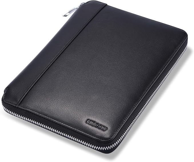 HISCOW Zip-Around Leather Junior Padfolio, 5x8 Notepad Cover, Black | Italian full-grain cowhide, top-loading legal pad holder, tablet and document sleeve, 2 card slots, rigid pen loop