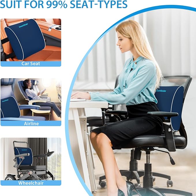 SweetSlubr Large Lumbar Support Pillow for Office Chair, Car Seats and Home Desks, Ergonomic Back Support with Double Adjustable Straps, Machine Washable Cover (Blue,XL)