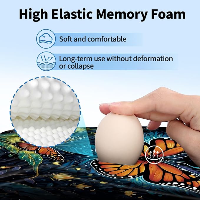 YIWEI Ergonomic Mouse Pad with Wrist Rest - Comfortable Office Mousepad with Memory Foam Wrist Support for Carpal Tunnel Relief, Mouse Pads with Non-Slip Base for Gaming and Home (Butterfly)