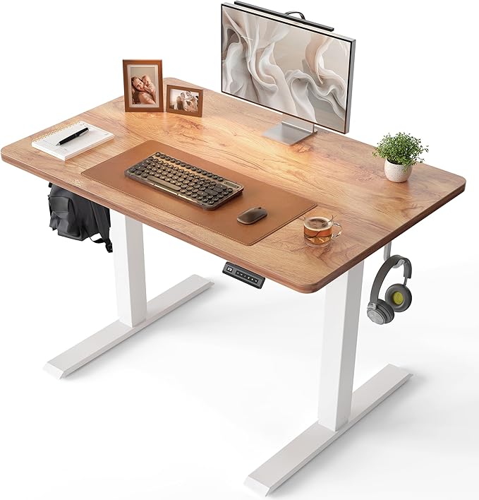 CubiCubi 32 x 20 Small One-Piece Standing Desk, Adjustable Height Electric Computer Home Office Sit Stand up Workstation, with 4 Memory Presets, Headphone Hook, Light Rustic