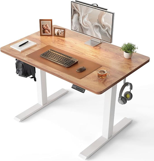 CubiCubi 32 x 20 Small One-Piece Standing Desk, Adjustable Height Electric Computer Sit Stand up Home Office Workstation, with 4 Memory Presets, Headphone Hook, Light Rustic