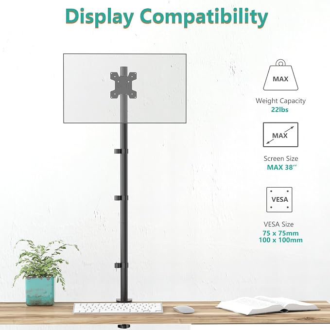 WALI Single Monitor Stand Desk Mount, Tall Monitor Stand Fully Adjustable with 39” Height Pole, Articulating Arm for Computer Screen up to 38 inch, 22lbs (M001XXL), Black