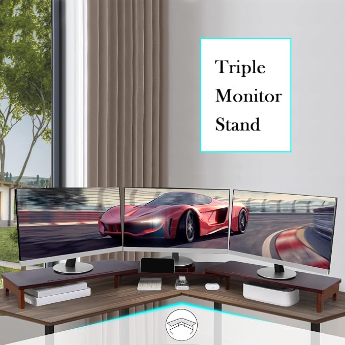 Nnewvante Dual Monitor Riser, 60 inch Bamboo Monitor Stand for Desk, Walnut | Adjustable Length Angle, 3 Shelves Desktop Screen Riser, For Computer Laptop PC