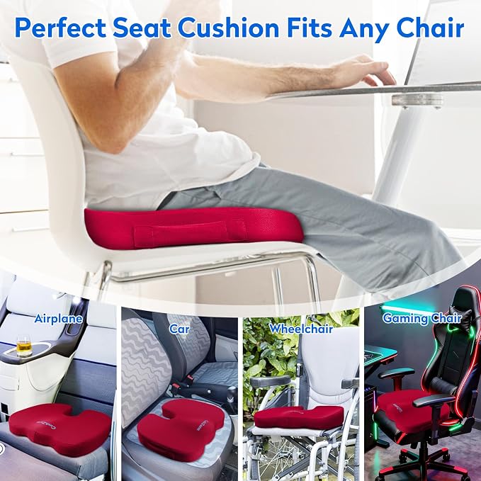 XXL Seat Cushion Office Car Seat Cushion, Memory Foam Cushion for Office Chair, Car Seat, Airplane, Bleacher Non-Slip Chair Pad (Red