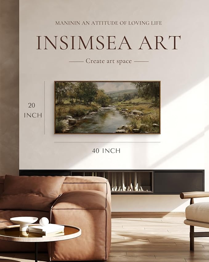 InSimSea Extra Large Framed Vintage Wall Art, Living Room Country Farmhouse Decor, River Rolling Hills Landscape Canvas Prints, Retro Scenery Long Picture for Bedroom Above of Bed, 20x40inch