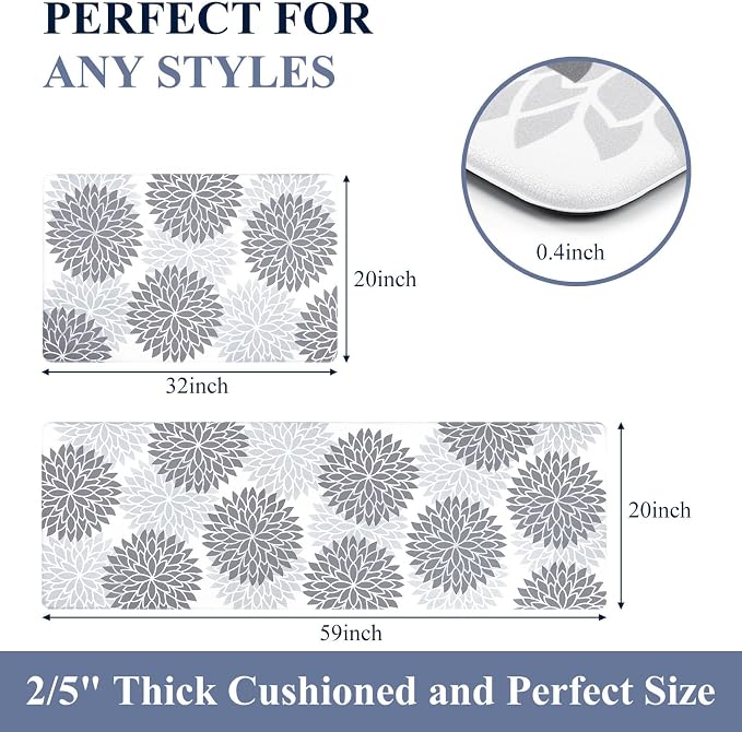 HEBE Anti Fatigue Kitchen Rugs Set of 2, Cushioned Kitchen Mats for Floor | Non Slip Washable Kitchen Runner Rug Set, Floral Stain Resistant Waterproof Comfort Mat Carpet for Sink, Standing Desk