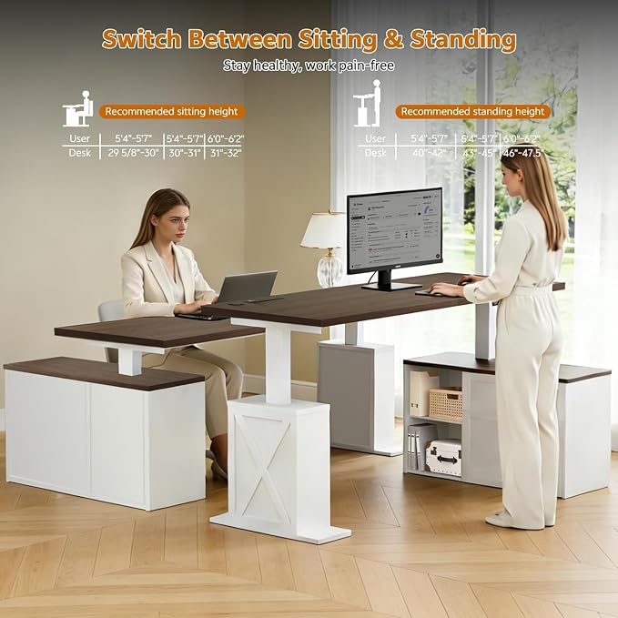 67" L Shaped Standing Desk with Drawers, Electric Height Adjustable Corner Desk, Sit Stand Office Desk with 4 AC Outlets & Type C Port, Executive Computer Desk with Cabinet, Brown & White