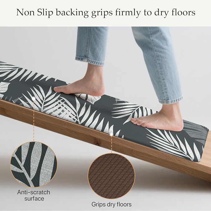 GENIMO Anti Fatigue Kitchen Mats for Floor 2PCS, Cushioned Standing Mats | 17.3"x59"&17.3"x30", Light Grey vintage floral rug set, waterproof, non slip, easy-clean for farmhouse