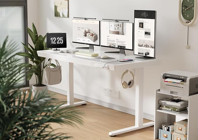 Claiks Glass Standing Desk with Drawers & USB Ports 55x24 Inch, White | 3 Steps Quick Install, 2 Zones Drawer, USB Ports, Ultra White One-Piece Glass Top, Writable Top