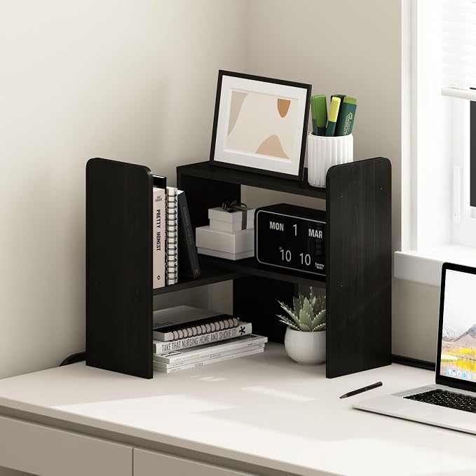 Furinno Classic Geometric Desk Organizers and Accessories, Black Espresso | Desk Top Book Shelf, for Office Supplies, Organization, Desk Accessories