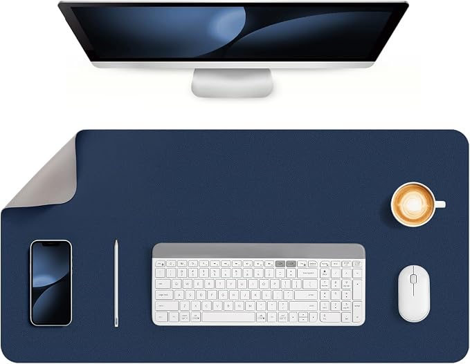 Dual Sided Desk Pad Faux Leather Desk Mat Large Mouse Pad | Desk Pad Protector Non-Slip Waterproof Desk Mouse Pad for Writing Desk, Office, Home(Light Gray Blue 31.5"X15.7")