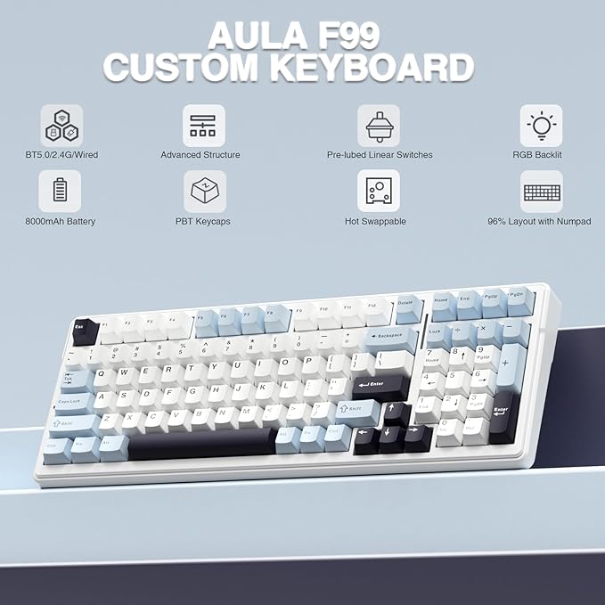 AULA F99 Wireless Mechanical Keyboard, Hot Swappable Custom Keyboard,Pre-lubed Linear Switches,Gasket Structure,RGB Backlit Gaming Keyboard (Blue&White) (Renewed)