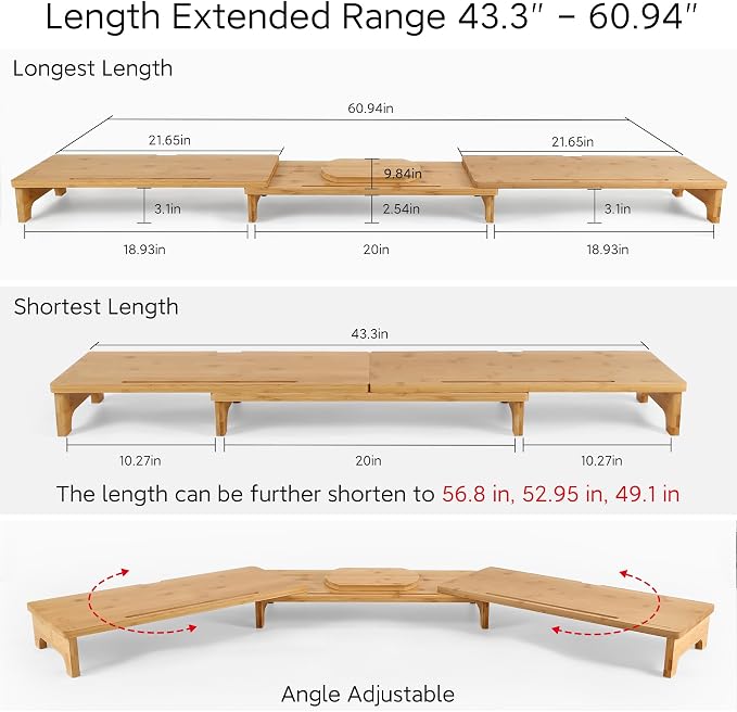 Nnewvante Monitor Stand Riser, 60 inch Bamboo Dual Monitor Stand for Desk | Adjustable Length Angle, 3 Shelves Desktop Screen Riser, For Computer Laptop PC