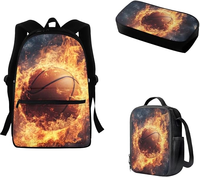 Fire Basketball Kids Backpack Large Capacity School Bag Book Bag for Kindergarten Boys Book Bag 3pcs School Bag Set with Lunch Box Pencil Case Back To School Supplies