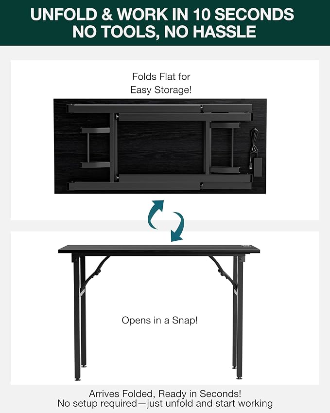 Frylr Small Folding Computer Desk – 43.3 Inch Portable Table for Craft and Study, Lightweight Desk for Small Spaces, Foldable Laptop Table Built-in AC/USB Outlets for Convenience, Dark Oak