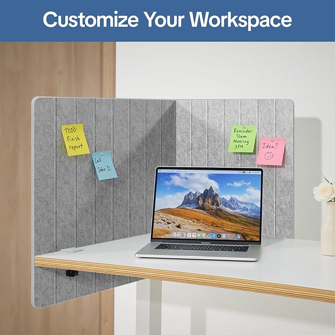 48" Desktop Privacy Screen - Sound Absorbing Felt Panel, Clamp-On Foldable Office Divider for Desk, Silver Gray