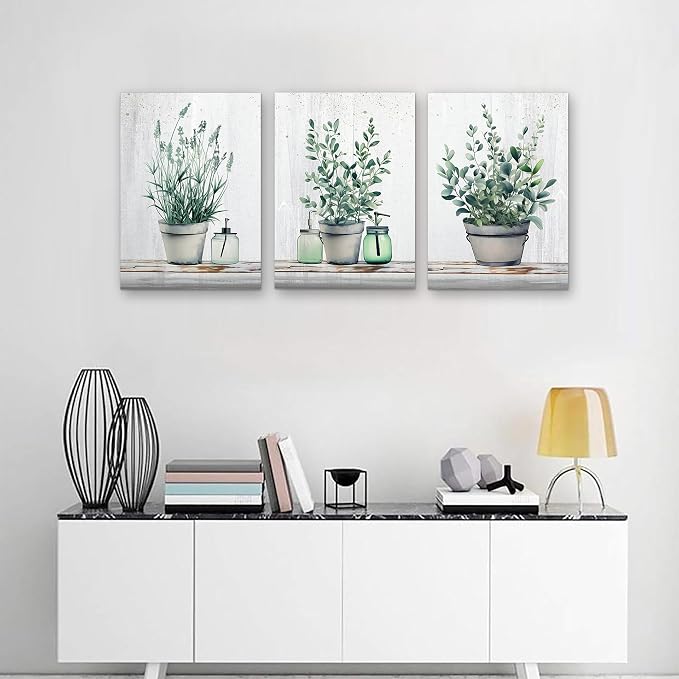 MHARTK66 Canvas Wall Art For Bedroom Living Room Canvas Prints Artwork Bathroom Wall Decor Green Plants Painting 16" X 24" 3 Pieces Modern Framed Ready To Hang Office Home Decorations