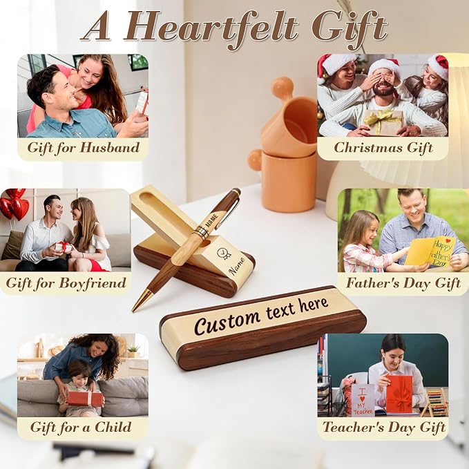 ZFN Custom Wooden Ballpoint Pen Set—personalized engraving names text logos for men mentors friends lawyers doctors teachers students (Beech wood color)